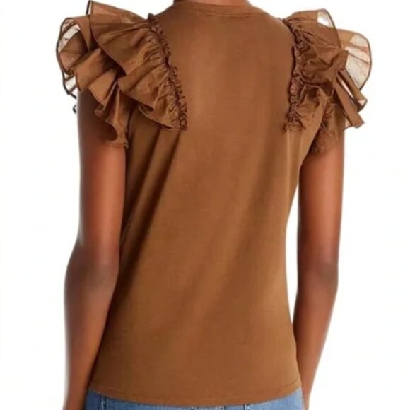 Veronica Beard Bardot Ruffle Cotton Tee Brown Size Small - Picture 2 of 10
